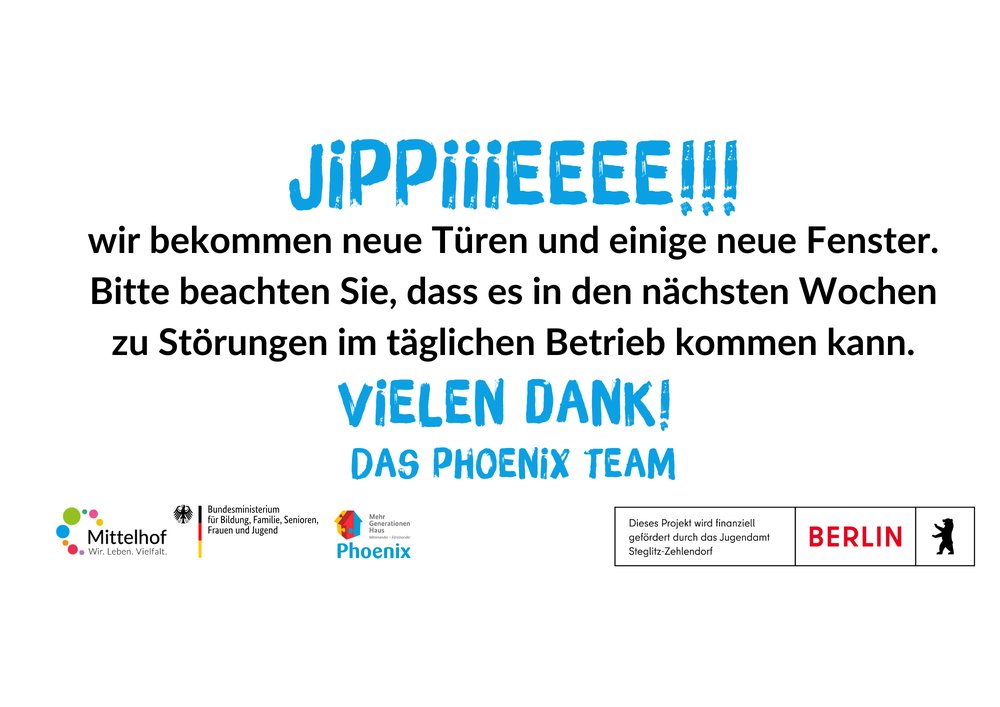 Weißer Hintergrund, blaue Überschrift in Großbuchstaben, darunter schwarzer Text über blauem, zweizeiligen Abschied in Großbuchstaben. Am unteren Ende Logos.