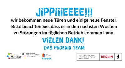 Weißer Hintergrund, blaue Überschrift in Großbuchstaben, darunter schwarzer Text über blauem, zweizeiligen Abschied in Großbuchstaben. Am unteren Ende Logos.