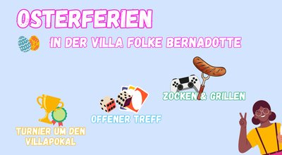 Das Bild zeigt eine Grafik mit frühlingshaften Farben mit dem Text Osterferienprogramm in der Villa Folke Bernadotte und kleine Icons mit Schrift: Grafik eines Pokals mit Schrift Turnier um den Villapokal, Grafik von zwei Würfeln und drei Spielkarten mit Text Offener Treff, Grafik einer Bratwurst auf einer Gabel und Playstation-Controller mit dem Text Zocken und Grillen.