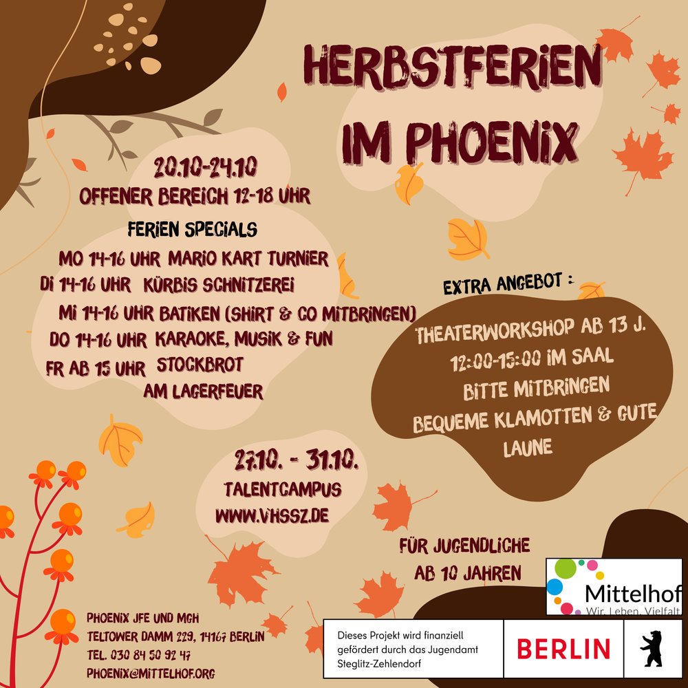 Quadratisches Bild in herbstlichen Brauntönen mit kahlen Ästen, fallendem Laub und Informationen über die Angebote in den Herbstferien in der Jugendfreizeiteinrichtung Phoenix.