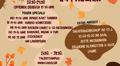 Quadratisches Bild in herbstlichen Brauntönen mit kahlen Ästen, fallendem Laub und Informationen über die Angebote in den Herbstferien in der Jugendfreizeiteinrichtung Phoenix.