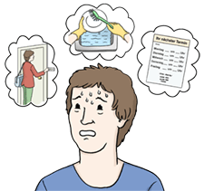 Illustration Mann mit viele Gedankenblasen zu wichtigen Erledigungen