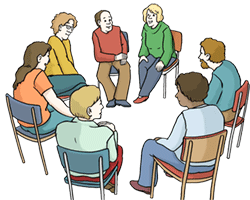 Illustration Gesprächsgruppe im Kreis sitzend