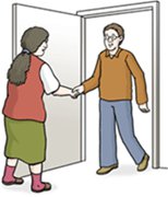 Illustration Mann begrüßt Frau an offener Tür
