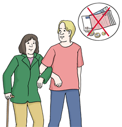Illustration Mann stützt Frau am Stock beim Gehen und hat eine Gedankenblase in der durchgestrichenes Geld die ehrenamtliche Leistung symbolisiert