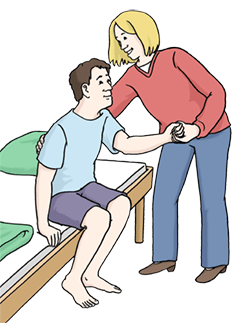 Illustration Frau hilft Mann aus dem Bett